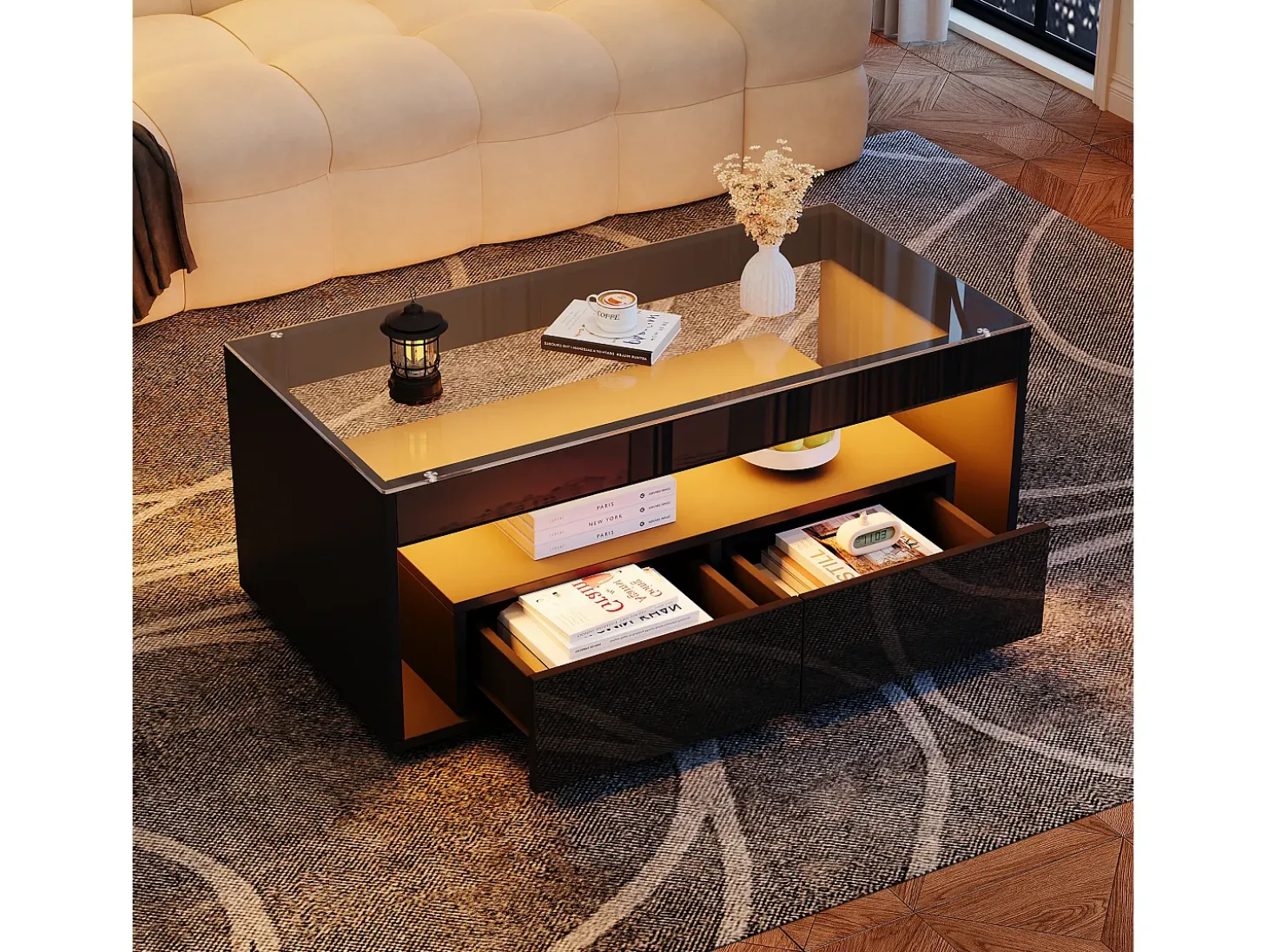 Mesa de centro moderna com 2 gavetas e prateleiras, LED, tampo de vidro temperado, superfície lacada preta