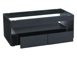 Mesa de centro moderna com 2 gavetas e prateleiras, LED, tampo de vidro temperado, superfície lacada preta