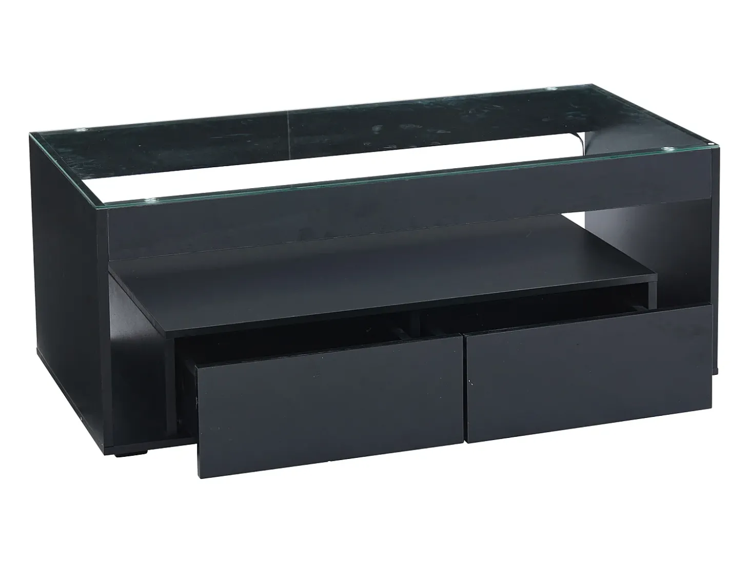 Mesa de centro moderna com 2 gavetas e prateleiras, LED, tampo de vidro temperado, superfície lacada preta