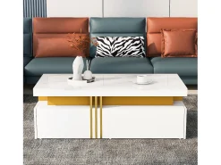 Mesa de centro moderna com 2 gavetas em folheado de mármore branco, bordas laterais em metal dourado