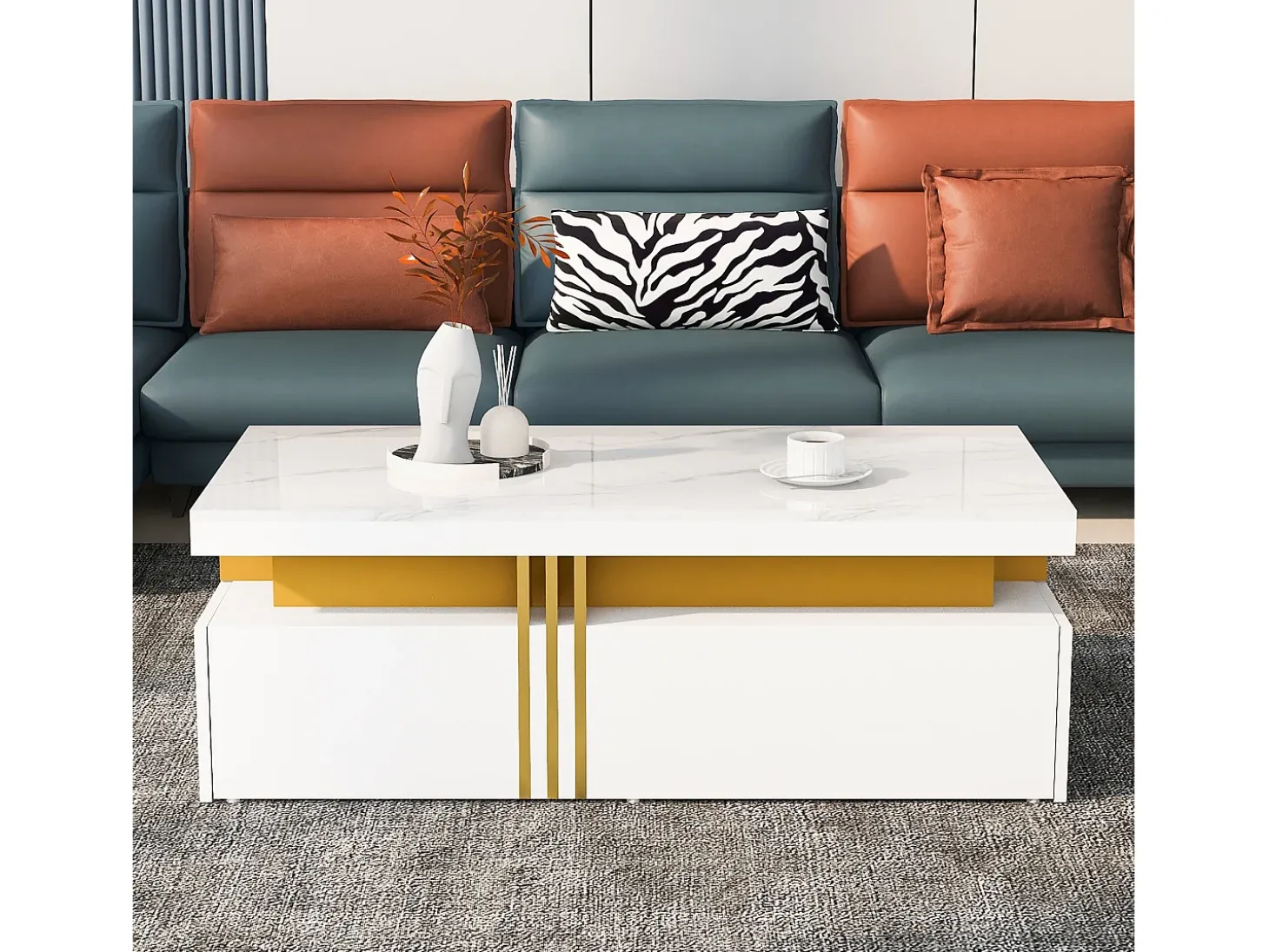 Mesa de centro moderna com 2 gavetas em folheado de mármore branco, bordas laterais em metal dourado