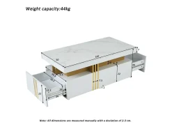 Mesa de centro moderna com 2 gavetas em folheado de mármore branco, bordas laterais em metal dourado