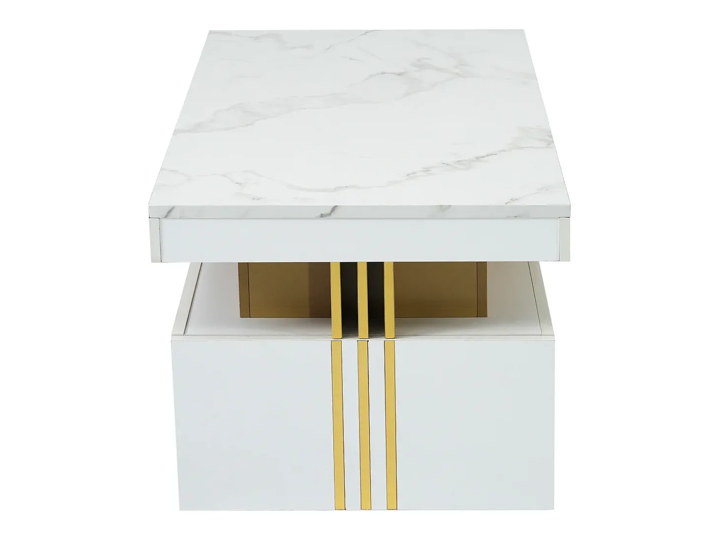 Mesa de centro moderna com 2 gavetas em folheado de mármore branco, bordas laterais em metal dourado