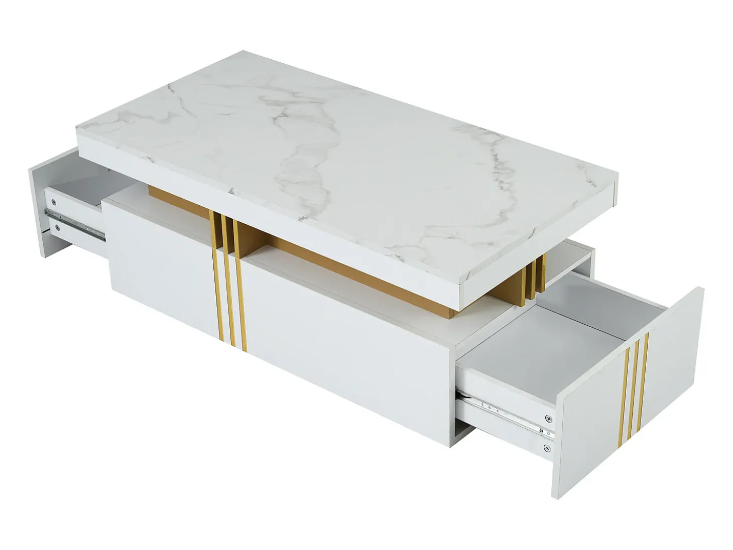 Mesa de centro moderna com 2 gavetas em folheado de mármore branco, bordas laterais em metal dourado