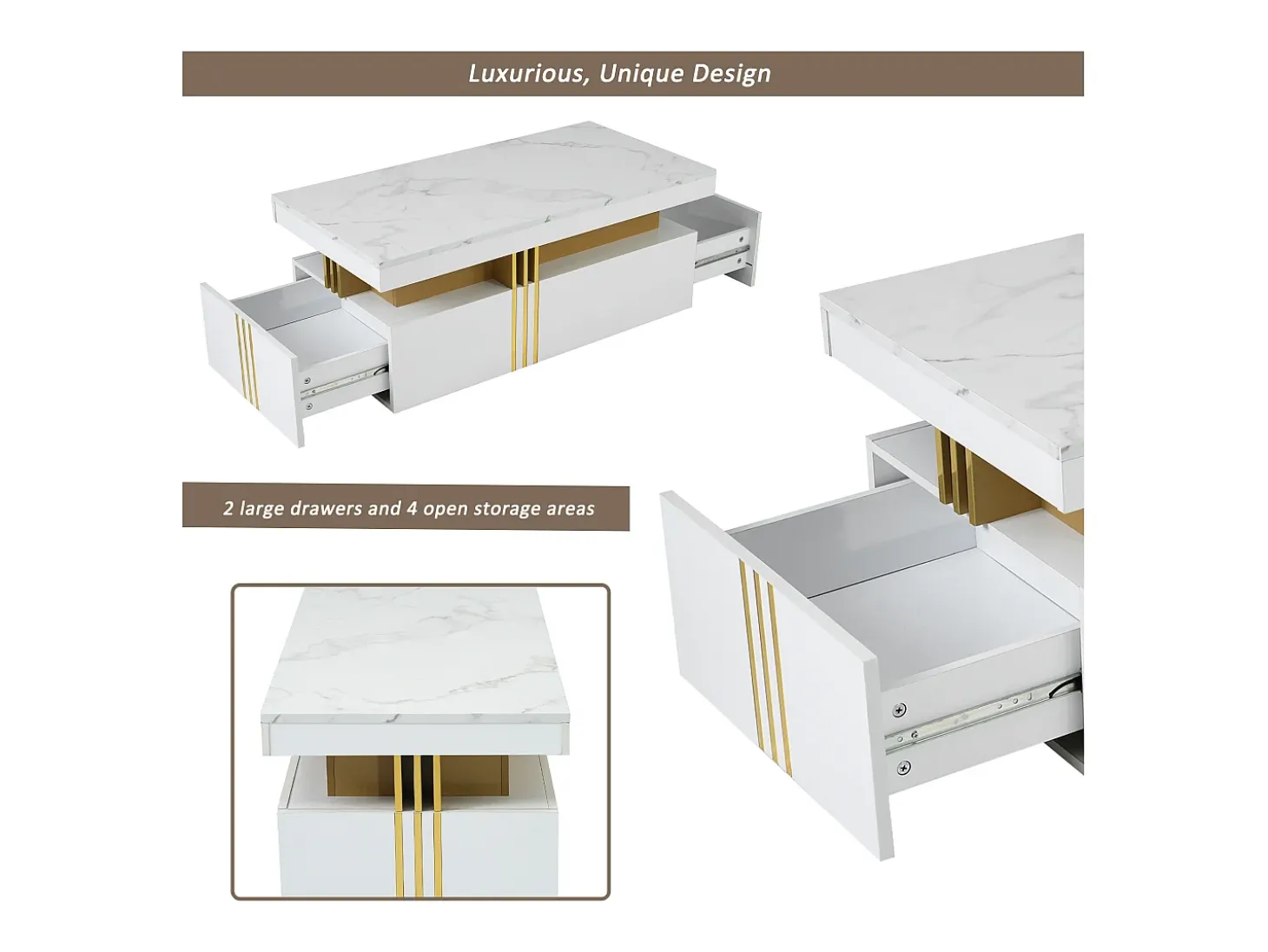 Mesa de centro moderna com 2 gavetas em folheado de mármore branco, bordas laterais em metal dourado