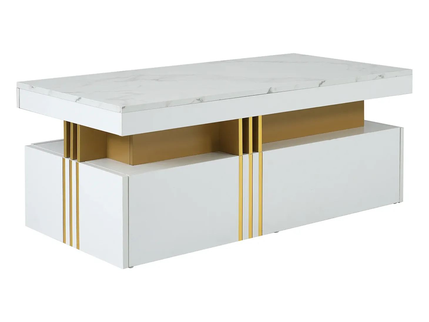 Mesa de centro moderna com 2 gavetas em folheado de mármore branco, bordas laterais em metal dourado