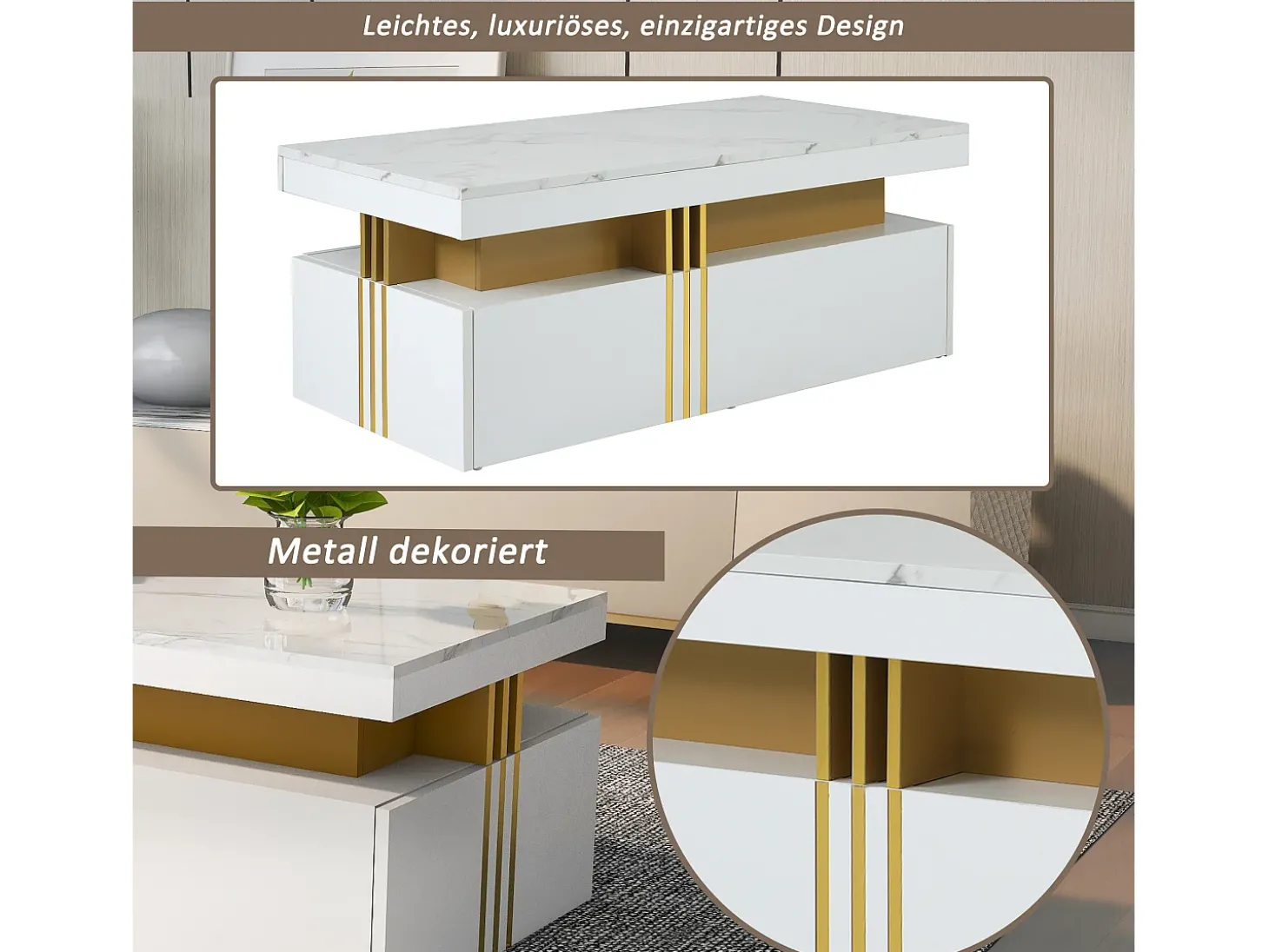 Mesa de centro moderna com 2 gavetas em folheado de mármore branco, bordas laterais em metal dourado