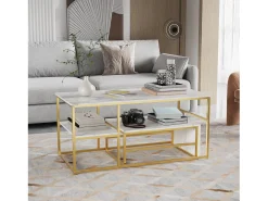 Mesa de centro moderna com armazenamento de camada dupla - Design de canto arredondado anticolisão, tampo grande de 105 cm com prateleiras de armazenamento abertas