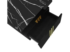 Mesa de centro moderna com 2 gavetas em folheado de mármore preto, bordas laterais em metal dourado