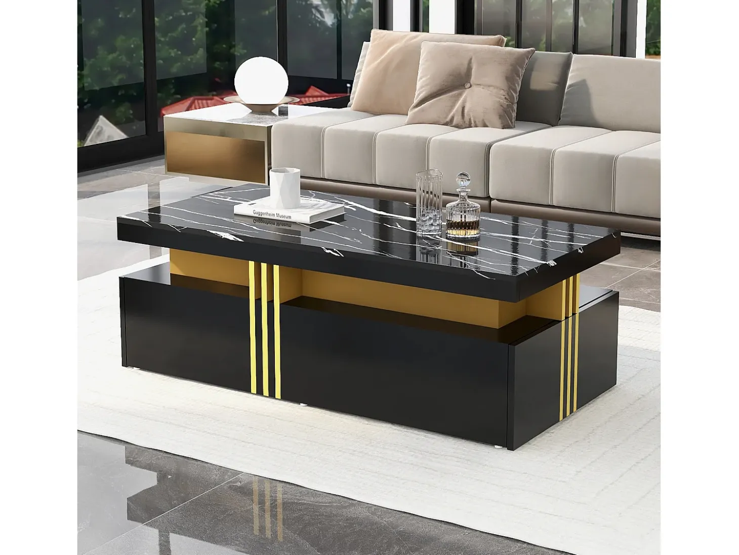 Mesa de centro moderna com 2 gavetas em folheado de mármore preto, bordas laterais em metal dourado