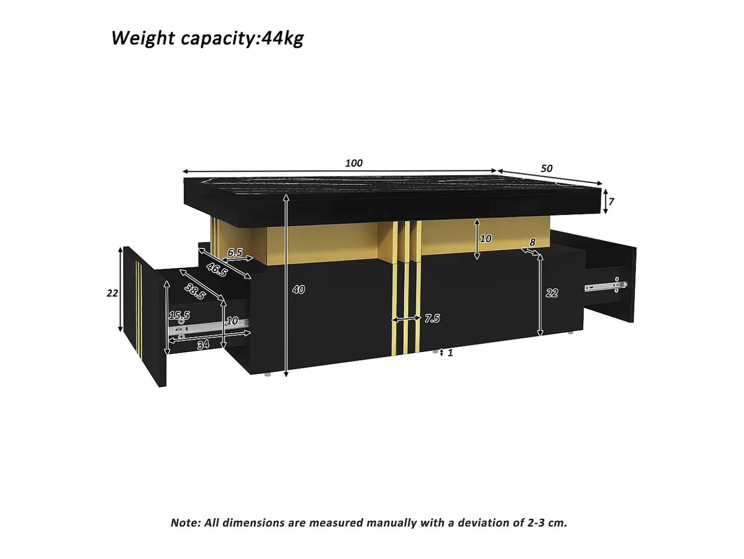 Mesa de centro moderna com 2 gavetas em folheado de mármore preto, bordas laterais em metal dourado