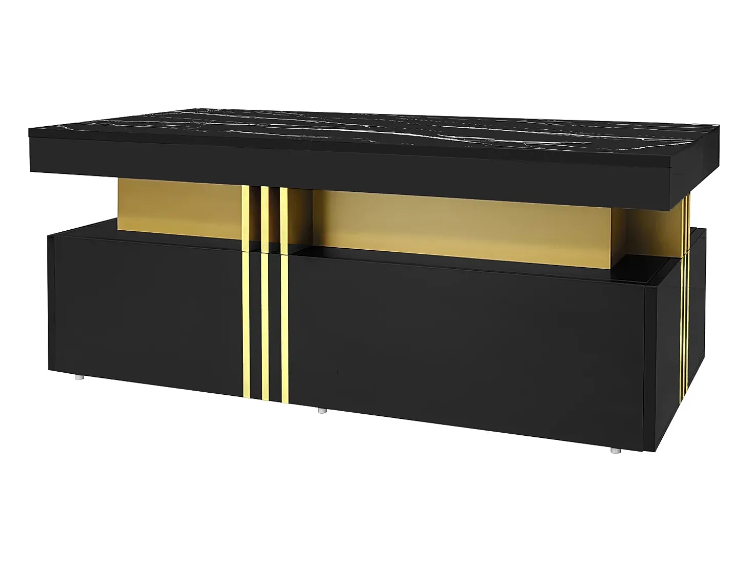 Mesa de centro moderna com 2 gavetas em folheado de mármore preto, bordas laterais em metal dourado
