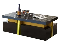Mesa de centro moderna com 2 gavetas em folheado de mármore preto, bordas laterais em metal dourado