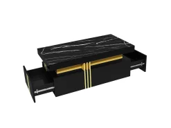 Mesa de centro moderna com 2 gavetas em folheado de mármore preto, bordas laterais em metal dourado