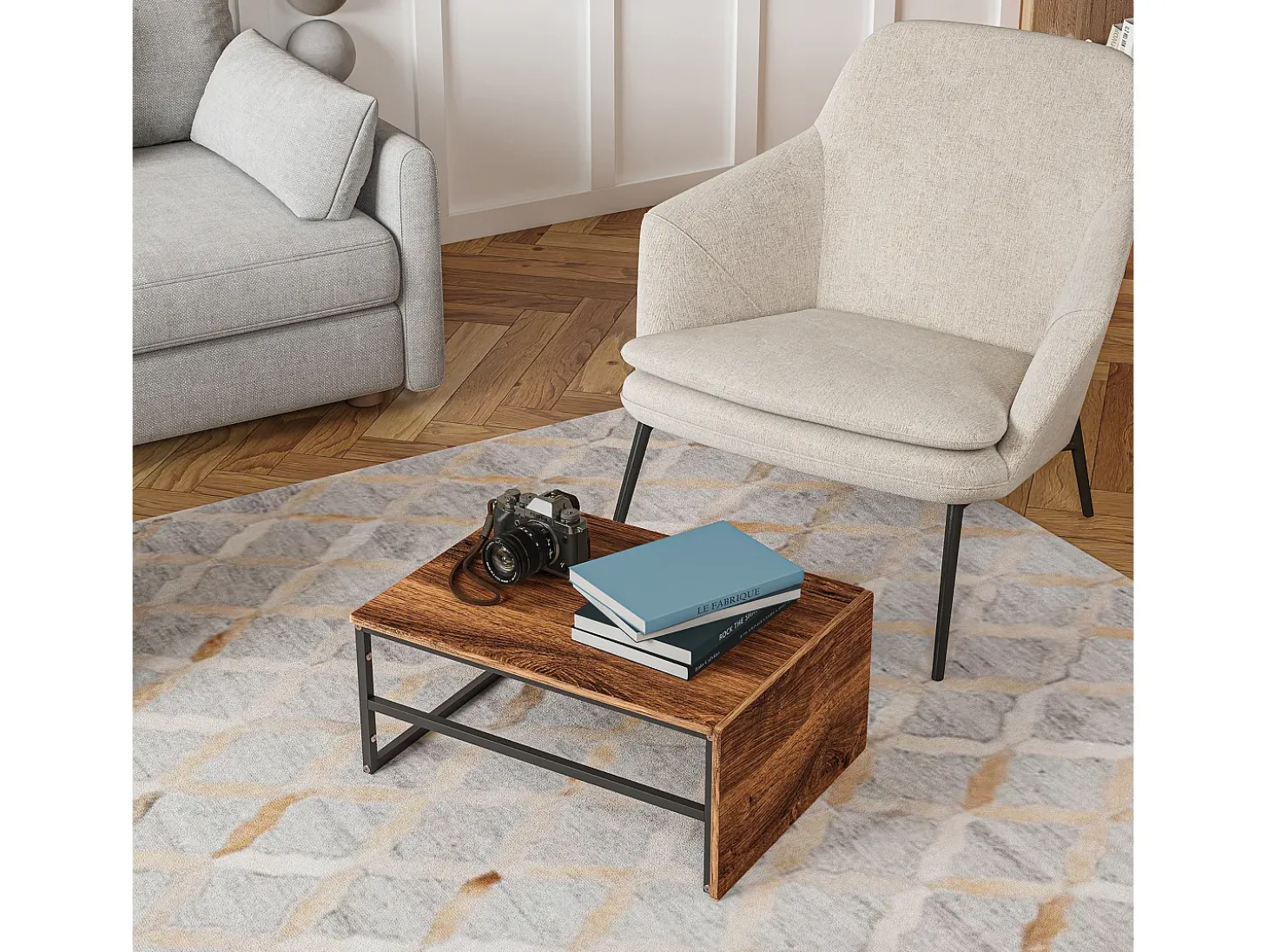 Mesa de centro moderna com armazenamento de camada dupla - Design de canto arredondado anticolisão, tampo grande de 105 cm com prateleiras de armazenamento abertas