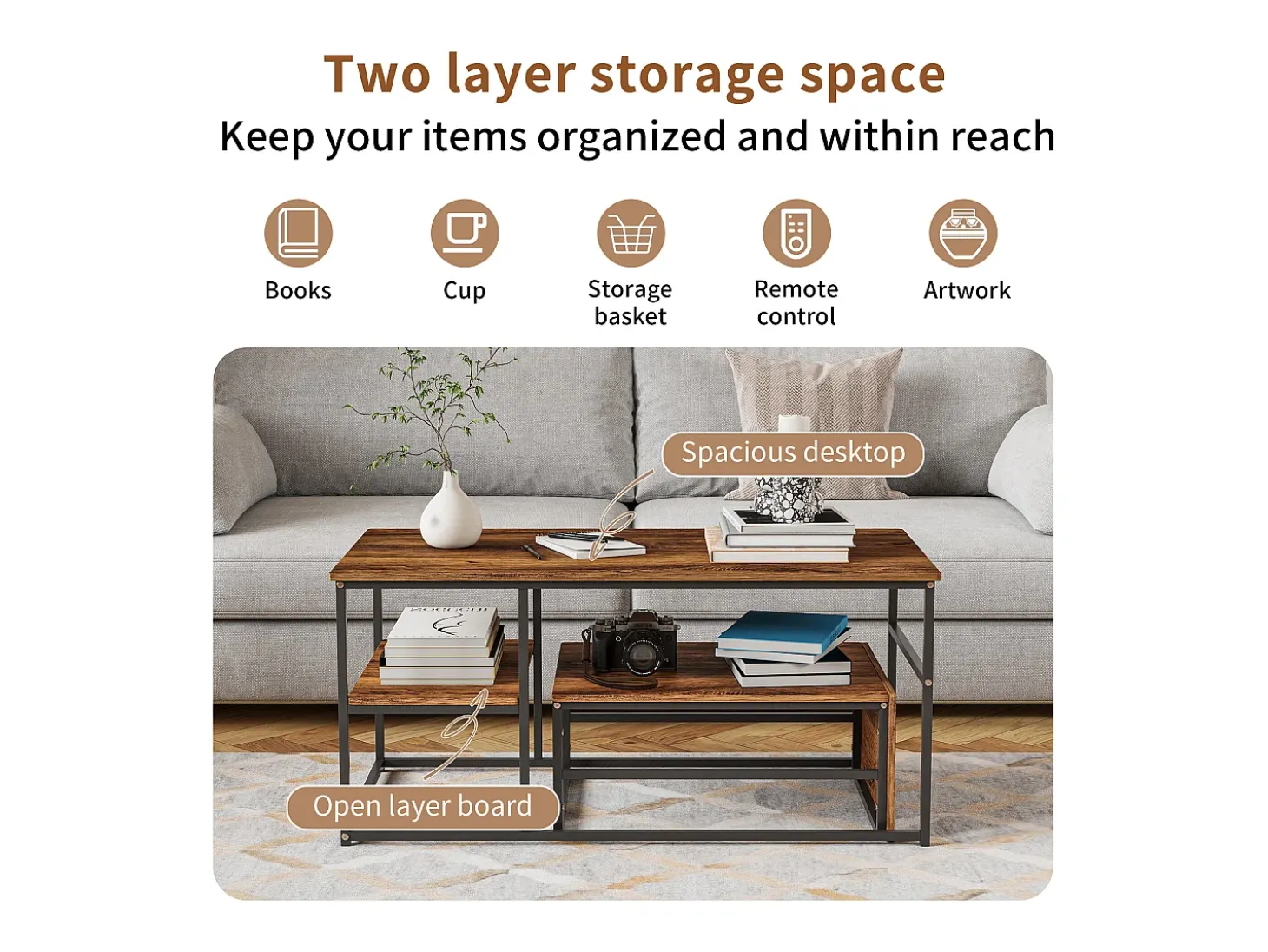 Mesa de centro moderna com armazenamento de camada dupla - Design de canto arredondado anticolisão, tampo grande de 105 cm com prateleiras de armazenamento abertas