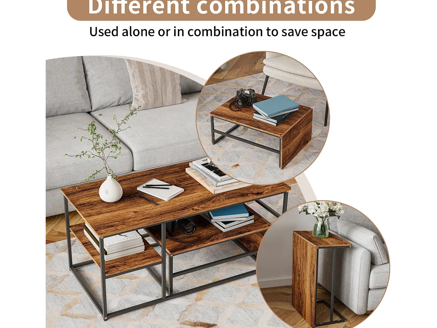 Mesa de centro moderna com armazenamento de camada dupla - Design de canto arredondado anticolisão, tampo grande de 105 cm com prateleiras de armazenamento abertas
