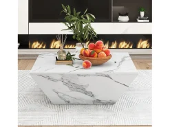 Mesa de centro moderna com 2 gavetas em folheado de mármore branco, formato trapezoidal