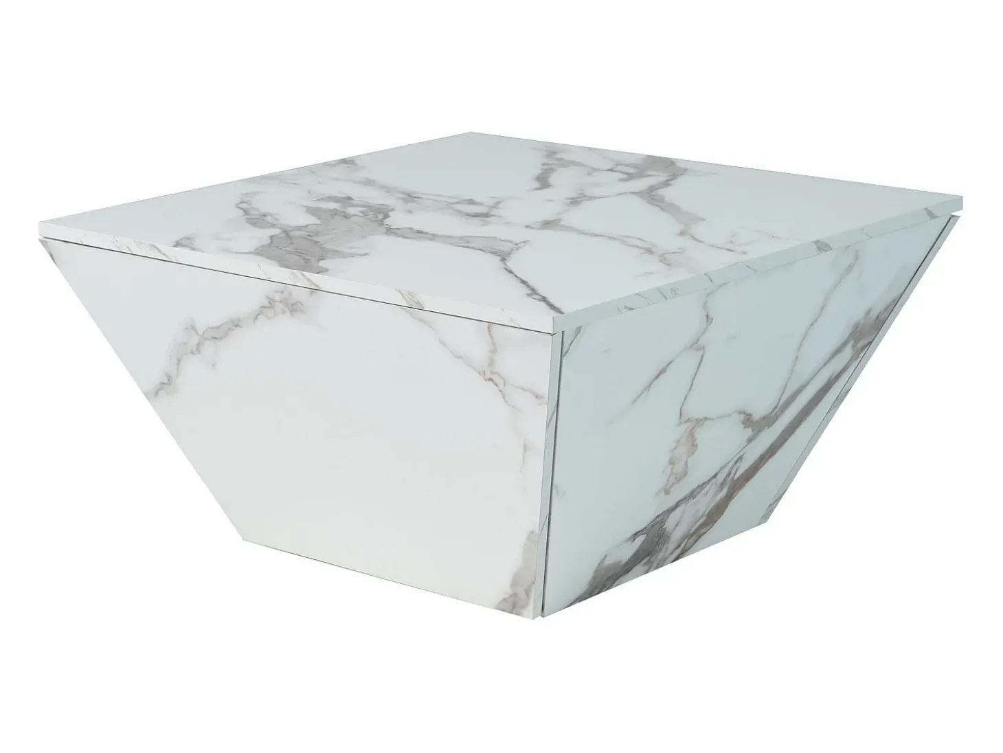 Mesa de centro moderna com 2 gavetas em folheado de mármore branco, formato trapezoidal
