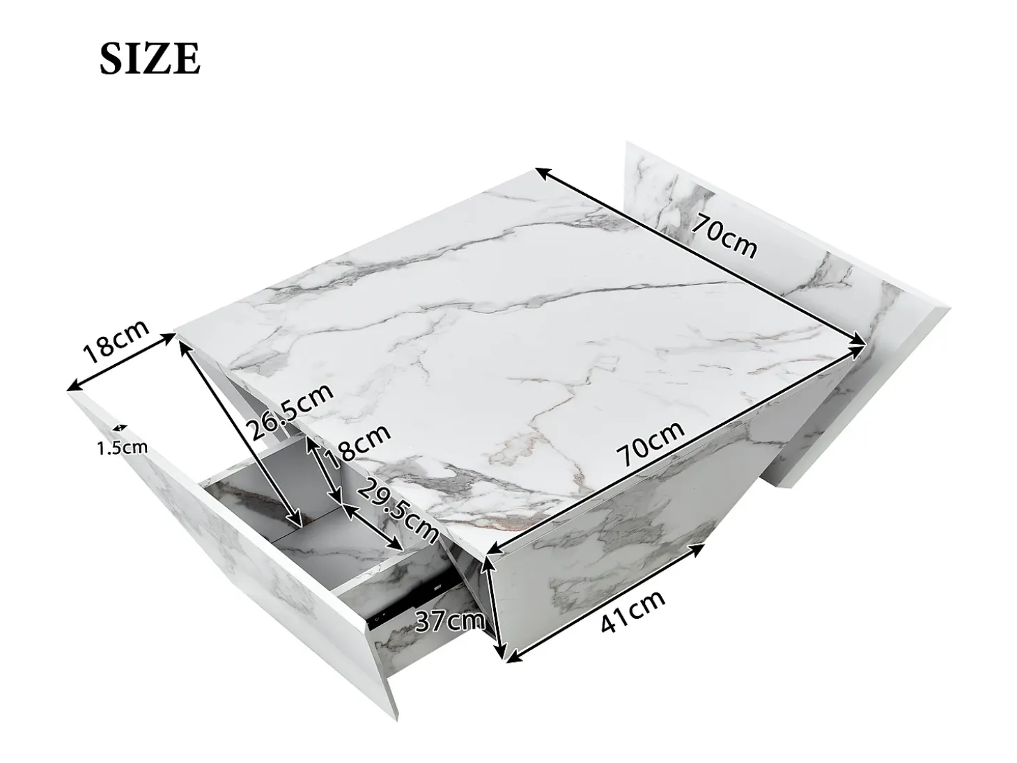 Mesa de centro moderna com 2 gavetas em folheado de mármore branco, formato trapezoidal