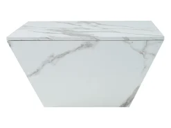 Mesa de centro moderna com 2 gavetas em folheado de mármore branco, formato trapezoidal