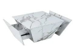 Mesa de centro moderna com 2 gavetas em folheado de mármore branco, formato trapezoidal