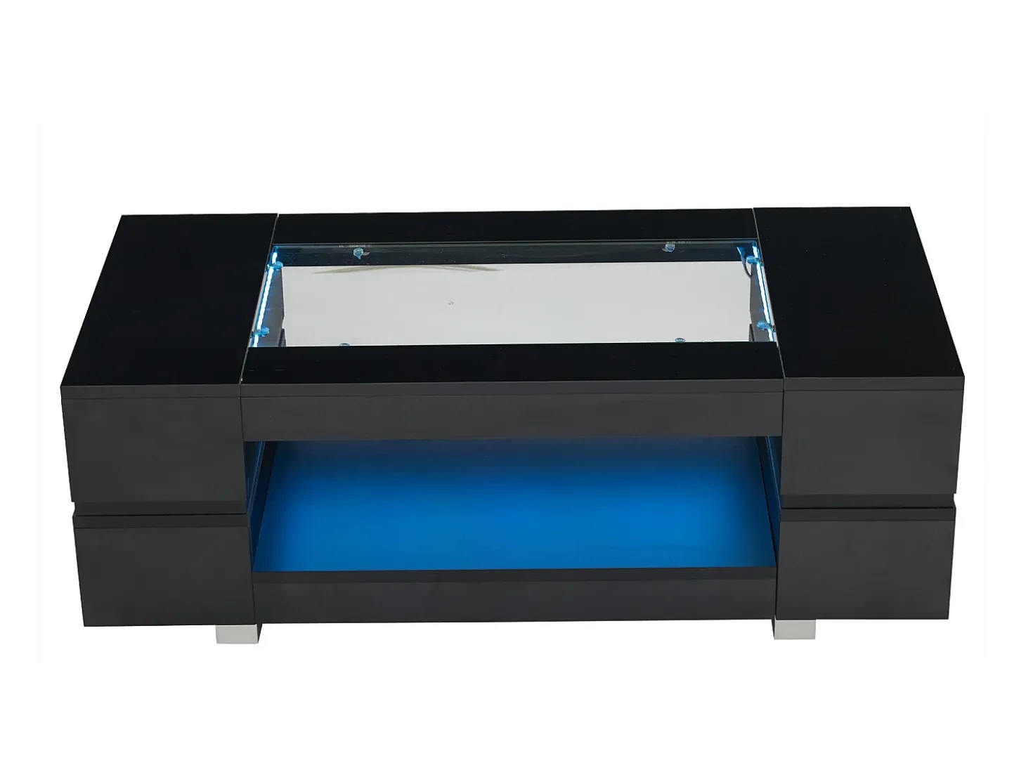 Mesa de centro moderna com LED, tampo de estrutura oca com vidro, superfície lacada a preto