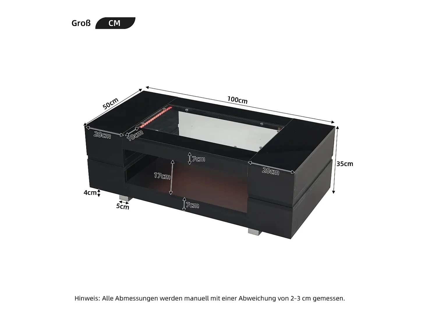 Mesa de centro moderna com LED, tampo de estrutura oca com vidro, superfície lacada a preto