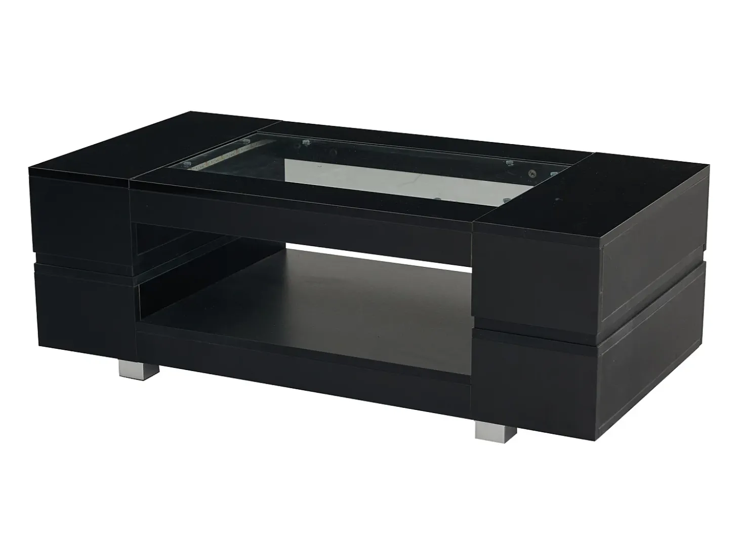 Mesa de centro moderna com LED, tampo de estrutura oca com vidro, superfície lacada a preto