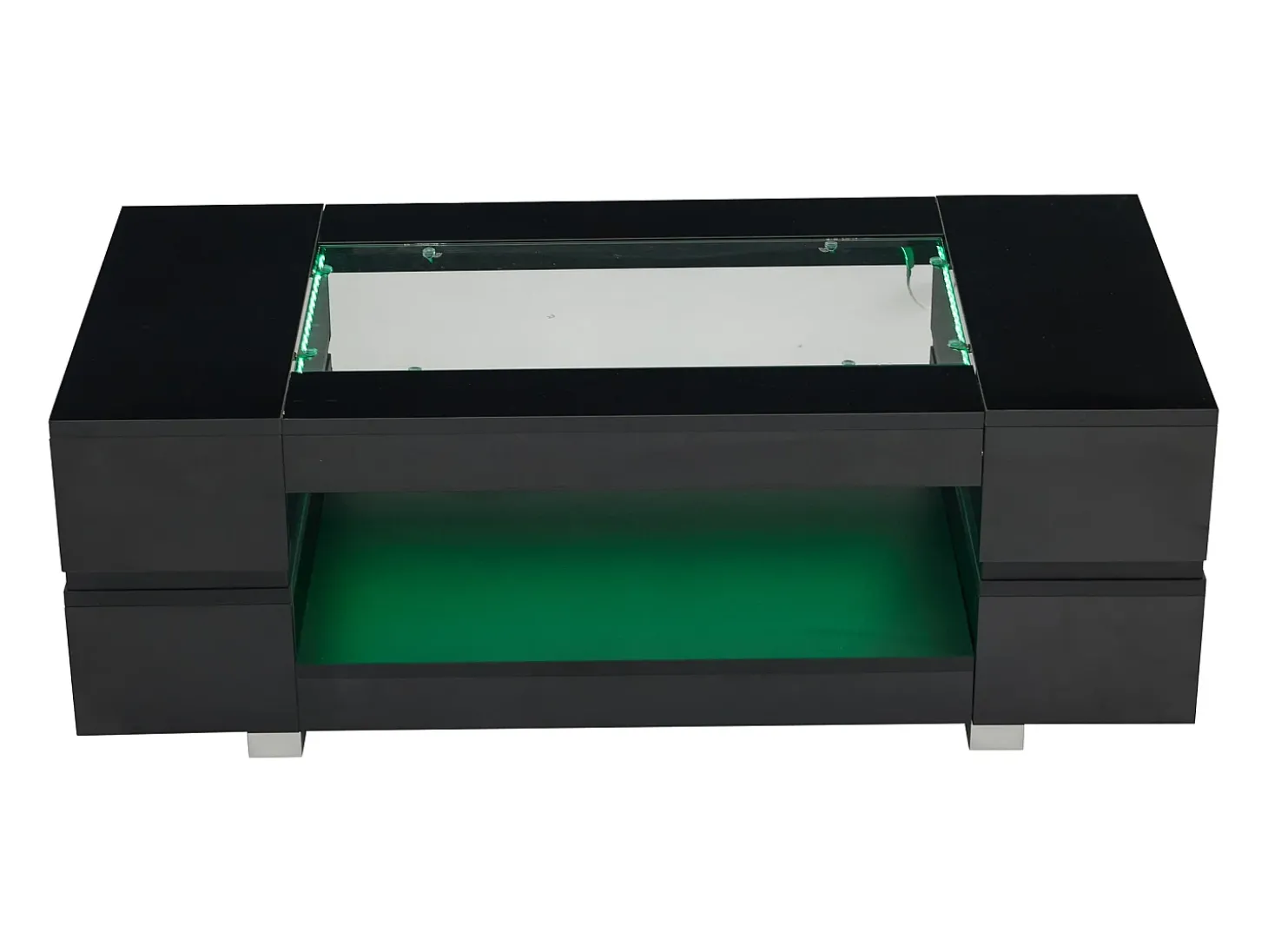 Mesa de centro moderna com LED, tampo de estrutura oca com vidro, superfície lacada a preto