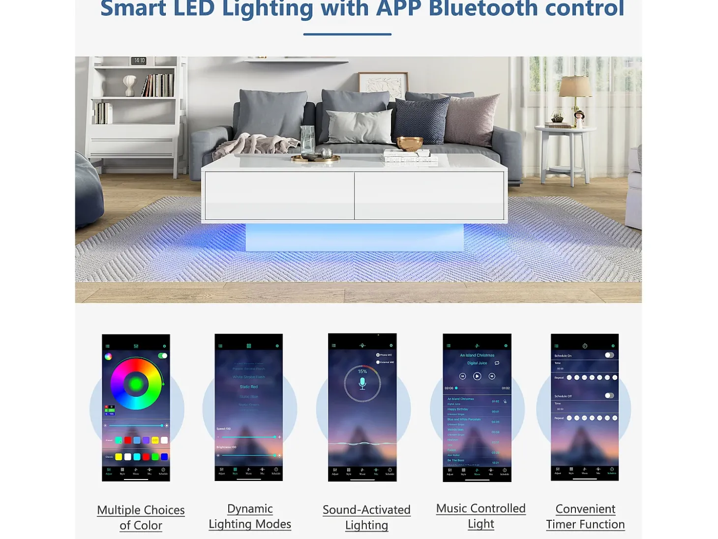 Mesa de centro moderna com LED - 2 gavetas - Branco