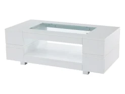 Mesa de centro moderna com LED, tampo de estrutura oca com vidro, superfície lacada a branco