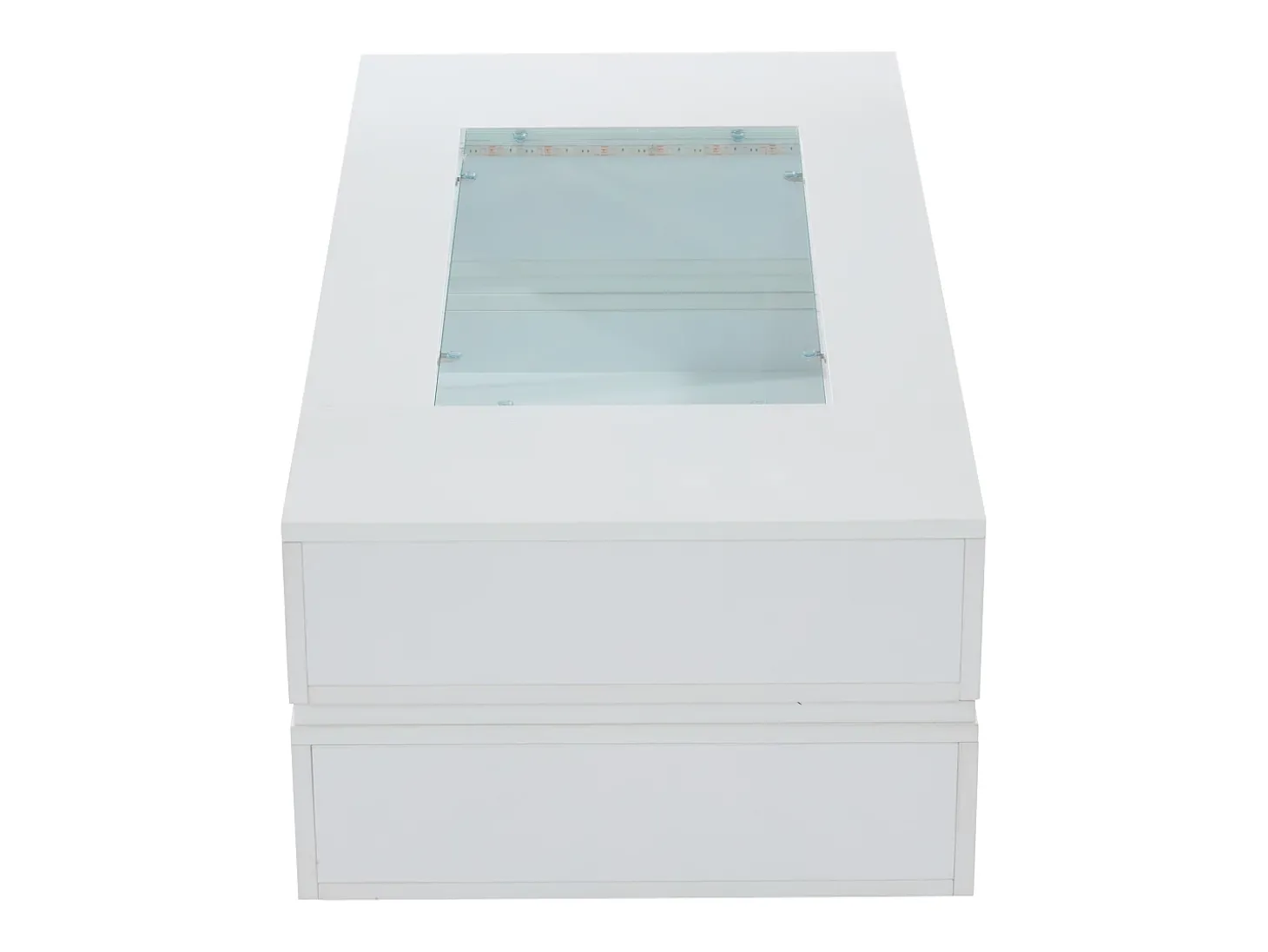 Mesa de centro moderna com LED, tampo de estrutura oca com vidro, superfície lacada a branco
