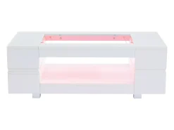 Mesa de centro moderna com LED, tampo de estrutura oca com vidro, superfície lacada a branco