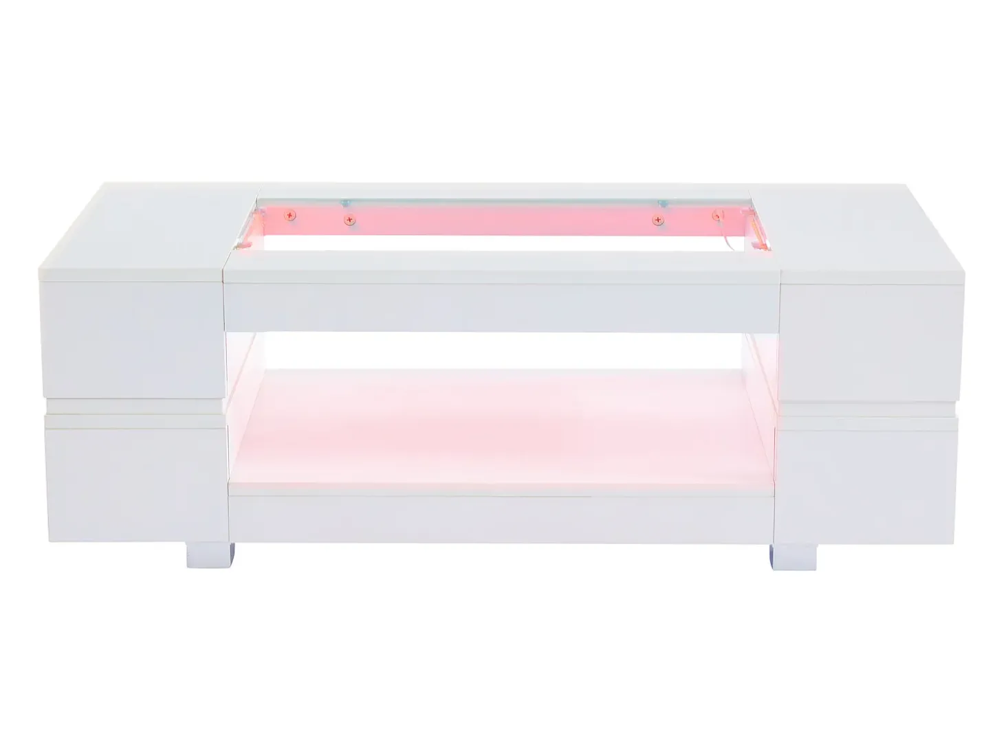 Mesa de centro moderna com LED, tampo de estrutura oca com vidro, superfície lacada a branco