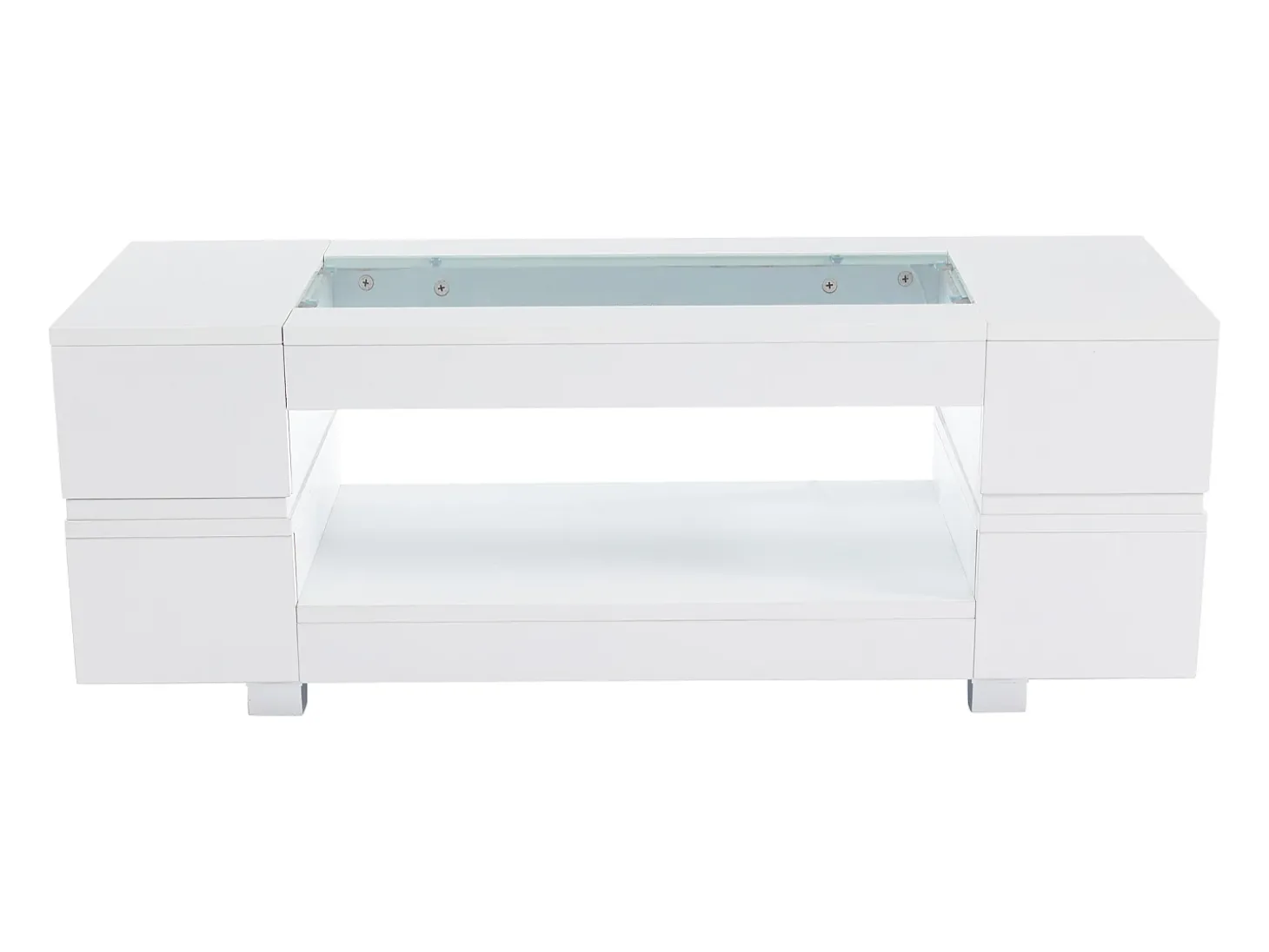 Mesa de centro moderna com LED, tampo de estrutura oca com vidro, superfície lacada a branco