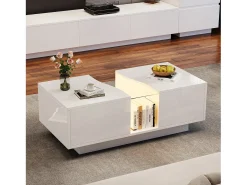 Mesa de centro moderna com LED e 2 gavetas - 100x50x35 cm - MDF - Branco