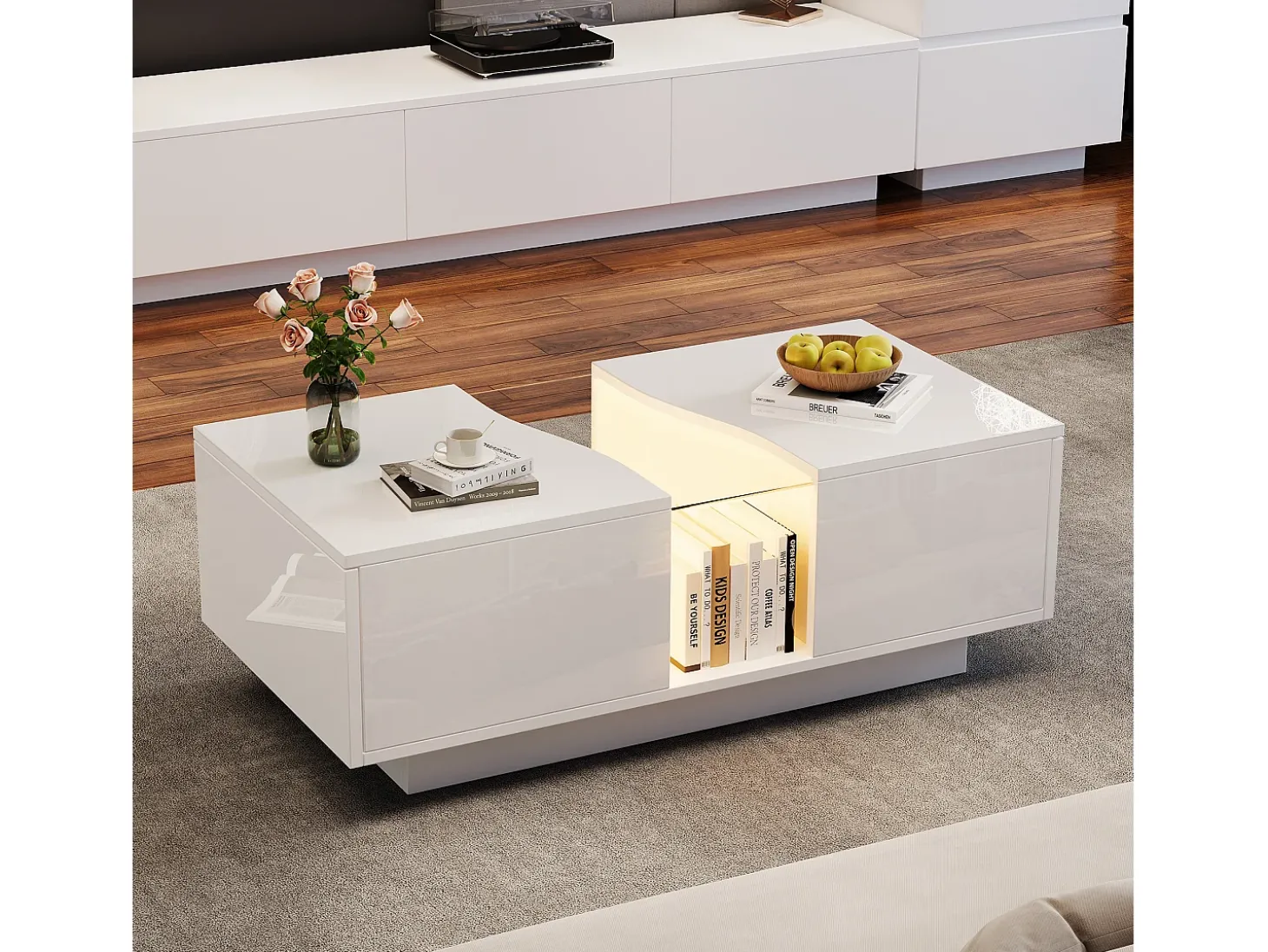 Mesa de centro moderna com LED e 2 gavetas - 100x50x35 cm - MDF - Branco