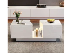 Mesa de centro moderna com LED e 2 gavetas - 100x50x35 cm - MDF - Branco