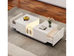 Mesa de centro moderna com LED e 2 gavetas - 100x50x35 cm - MDF - Branco