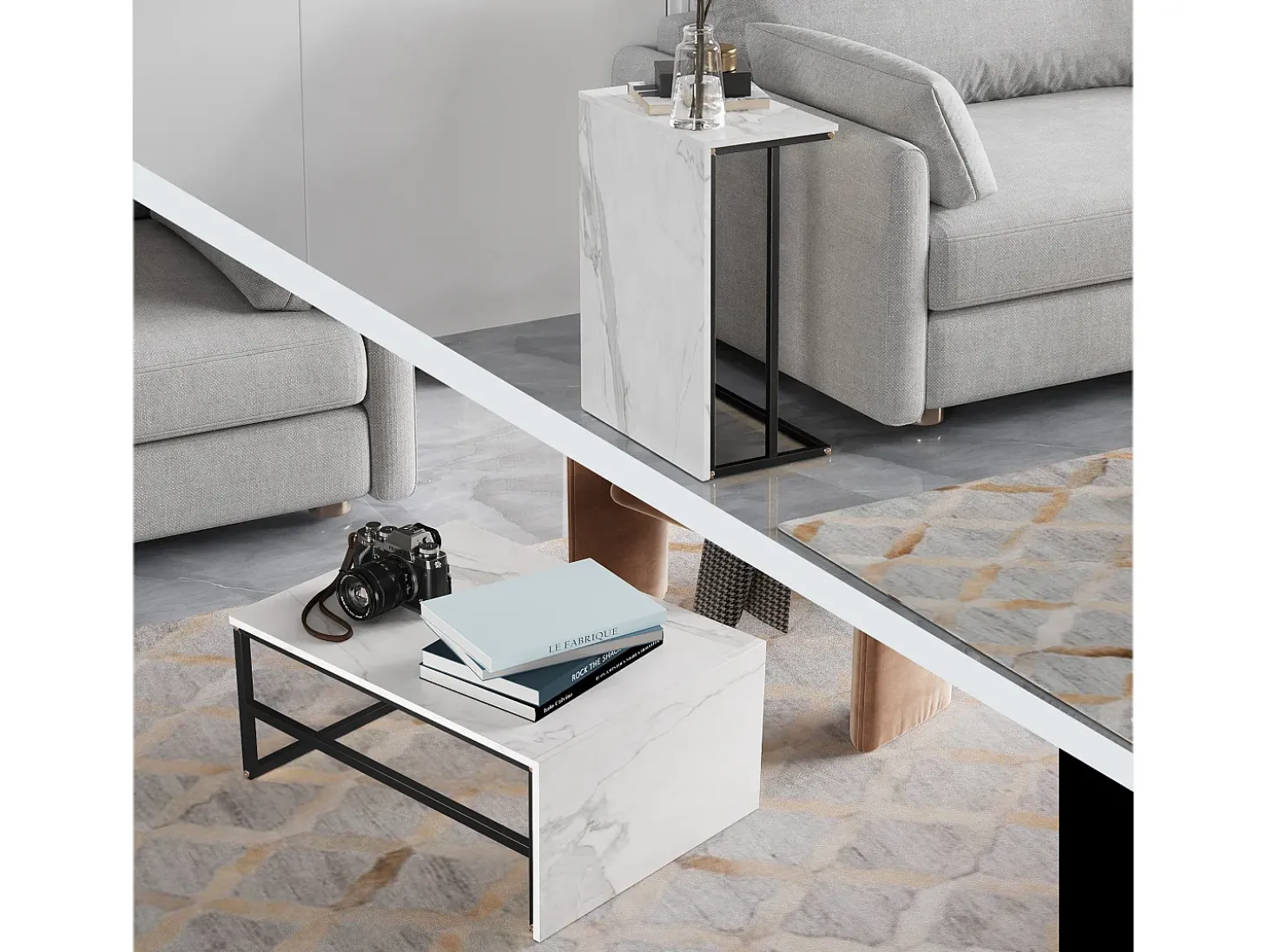 Mesa de centro moderna com armazenamento de camada dupla - Design de canto arredondado anticolisão, tampo grande de 105 cm com prateleiras de armazenamento abertas