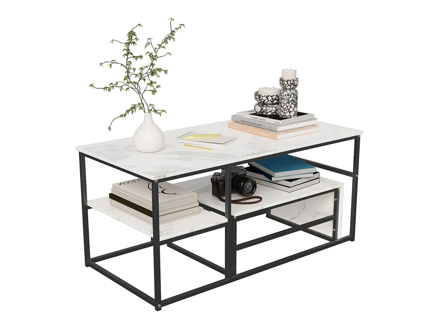 Mesa de centro moderna com armazenamento de camada dupla - Design de canto arredondado anticolisão, tampo grande de 105 cm com prateleiras de armazenamento abertas