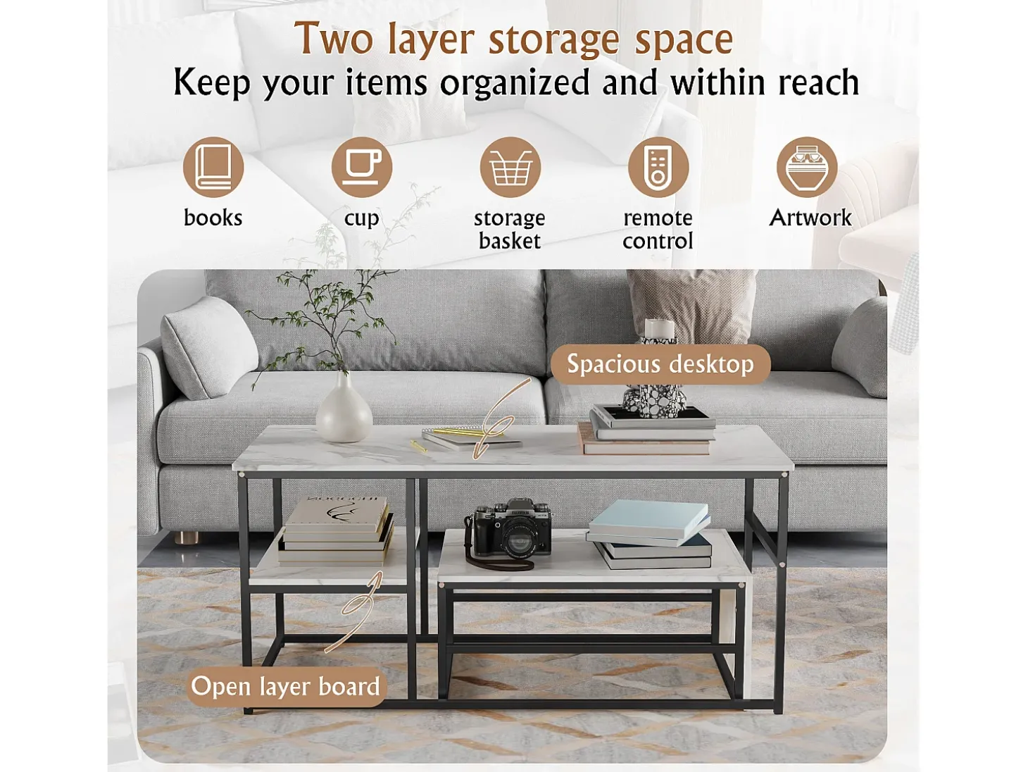 Mesa de centro moderna com armazenamento de camada dupla - Design de canto arredondado anticolisão, tampo grande de 105 cm com prateleiras de armazenamento abertas