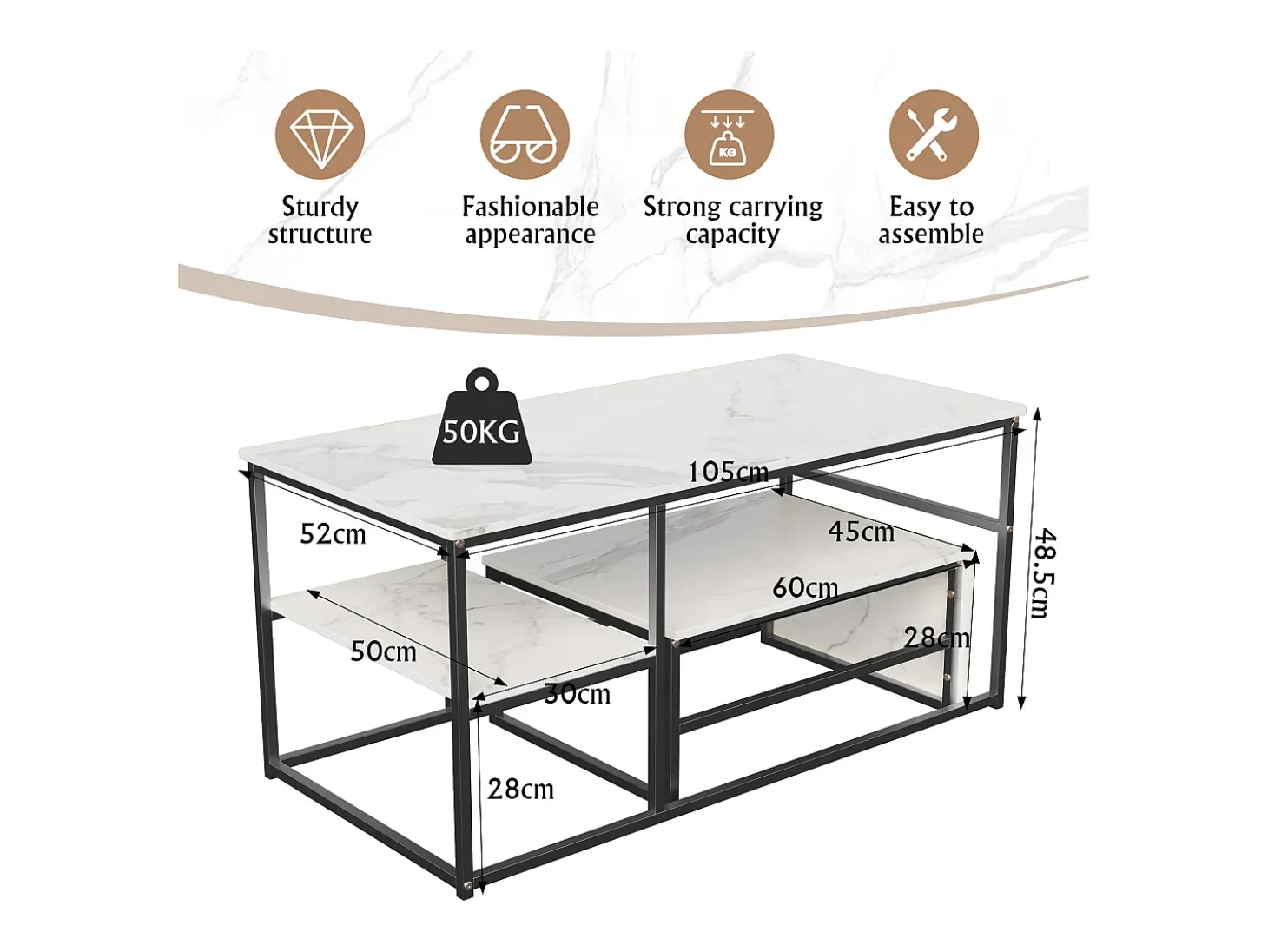 Mesa de centro moderna com armazenamento de camada dupla - Design de canto arredondado anticolisão, tampo grande de 105 cm com prateleiras de armazenamento abertas