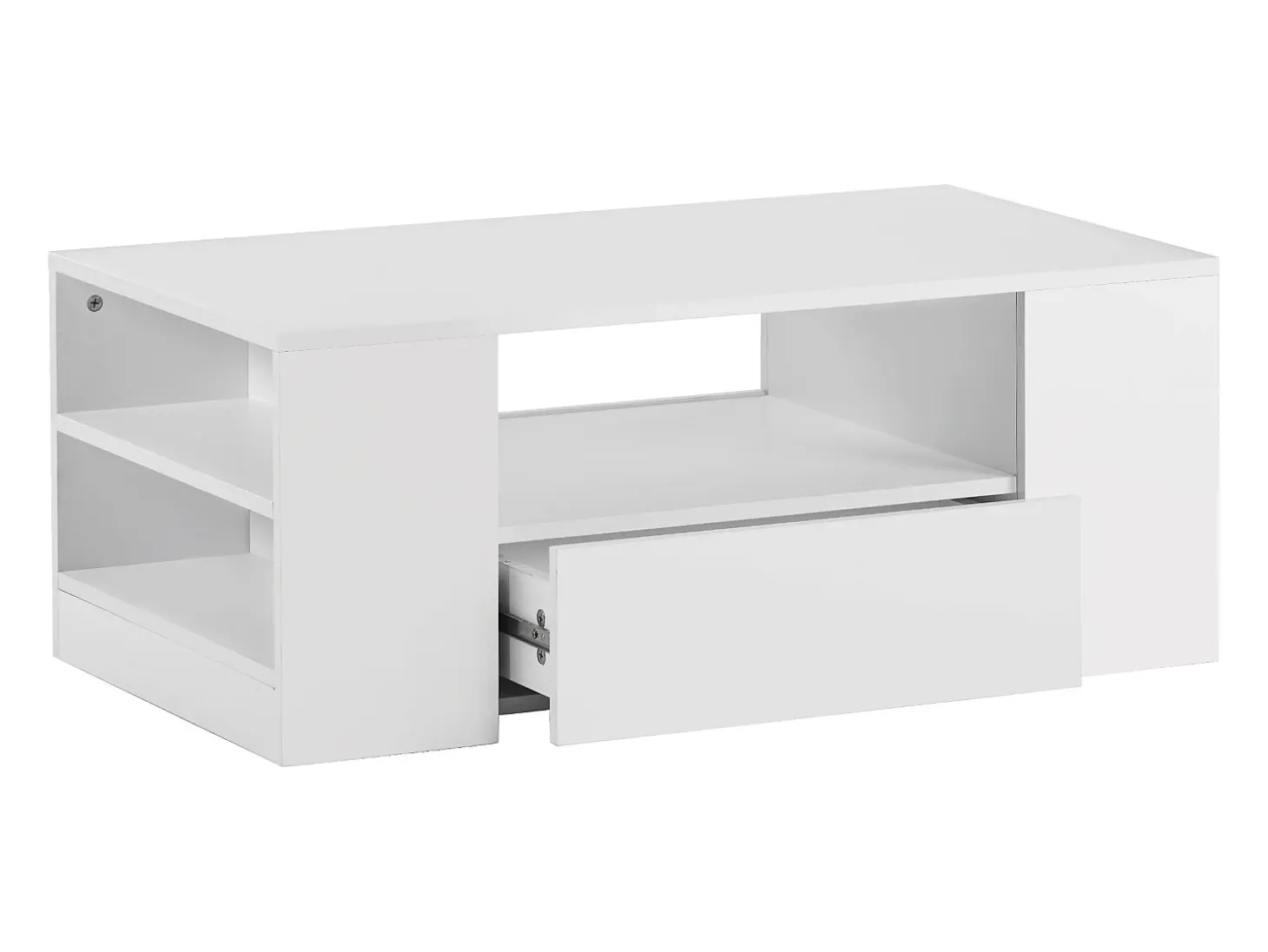 Mesa de centro moderna com 2 gavetas e prateleiras, LED, lacada a branco