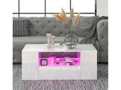 Mesa de centro moderna com 2 gavetas e prateleiras, LED, lacada a branco