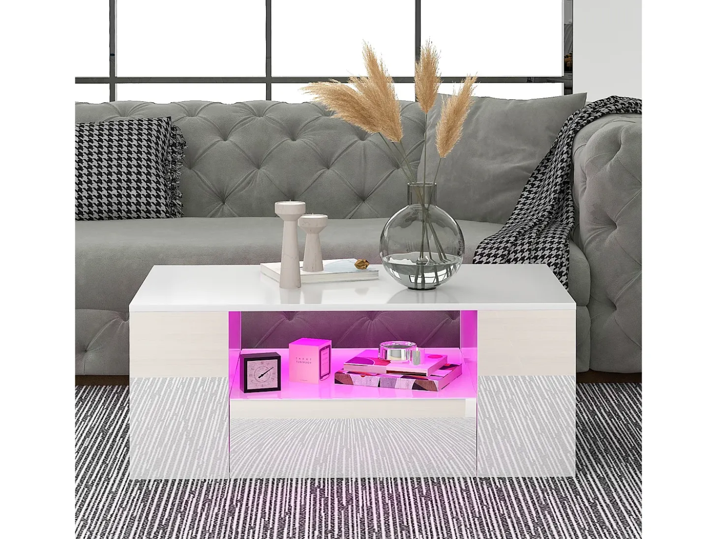 Mesa de centro moderna com 2 gavetas e prateleiras, LED, lacada a branco
