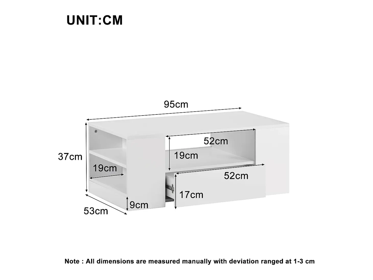 Mesa de centro moderna com 2 gavetas e prateleiras, LED, lacada a branco