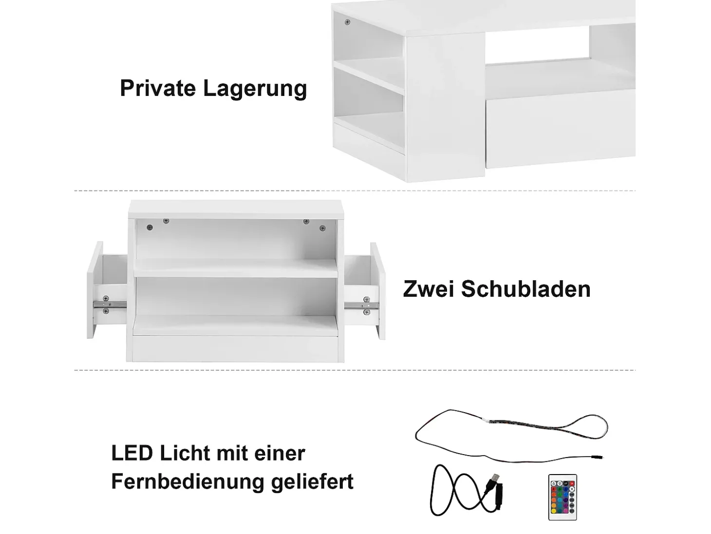 Mesa de centro moderna com 2 gavetas e prateleiras, LED, lacada a branco