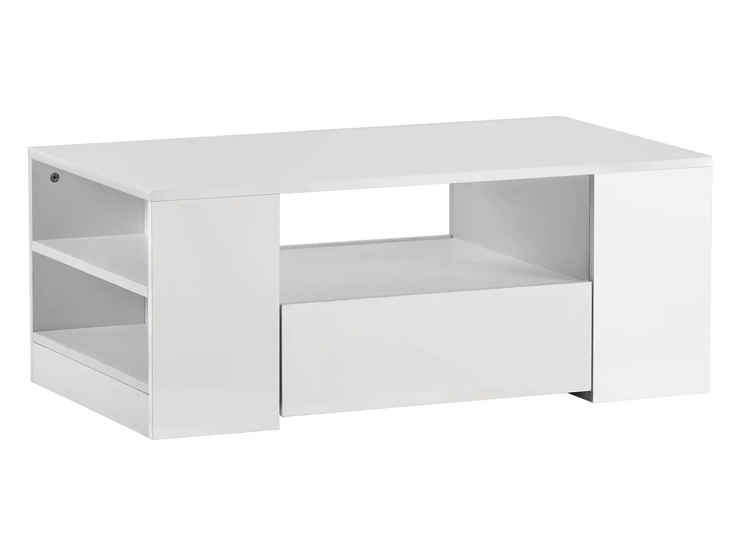 Mesa de centro moderna com 2 gavetas e prateleiras, LED, lacada a branco